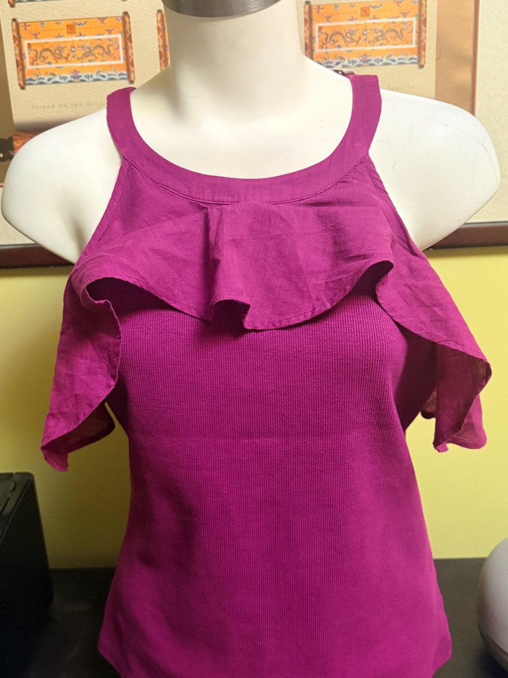 Anthropologie Magenta Ruffle Cold-Shoulder Tank